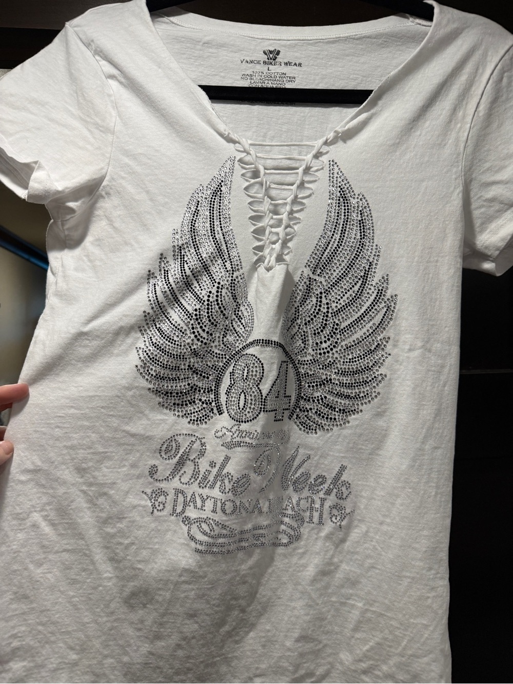Vance Bike Week White Lace-Up Short Sleeve Tee with Rhinestone Wings 100% Cotton